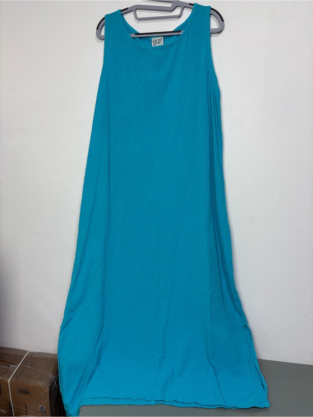Oh My Gauze! Women's 2 L/XL Blue Solid Scoop Neck Sleeveless Maxi Dress Cotton